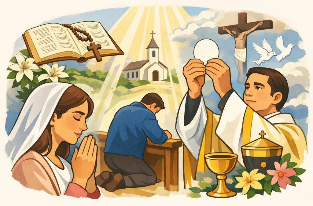 A priest holds the Eucharist while a woman prays and a man kneels, set against a serene religious background.