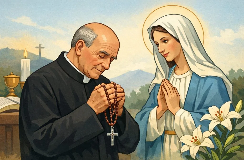 A priest reverently holds a rosary while gazing at a serene Mary, surrounded by nature and religious symbols.