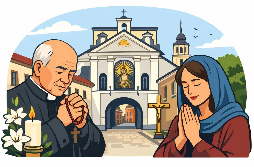 A priest and a woman pray in front of the iconic Ostra Brama, featuring religious symbols and a serene backdrop.