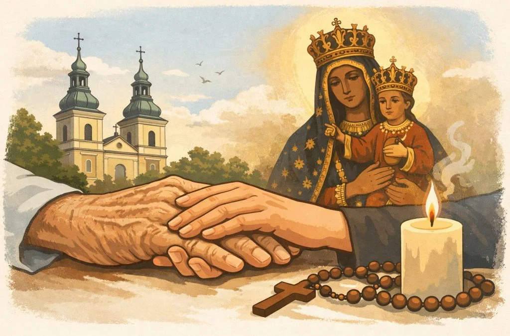 Two hands clasped together, a candle lit nearby, and an image of the Virgin Mary and child with a church in the background.