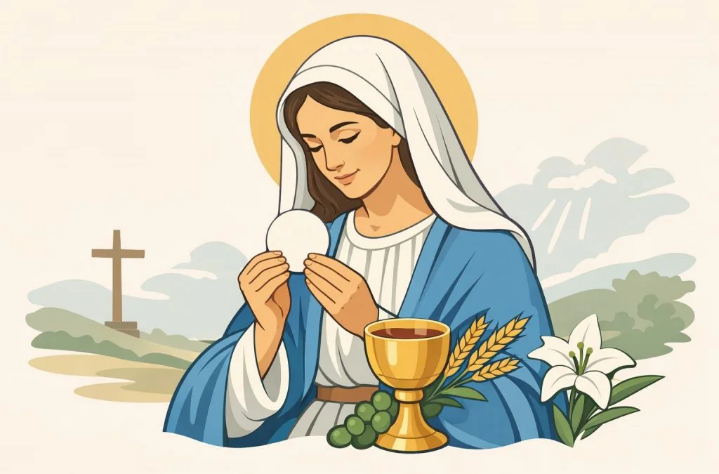 Mary holds the Eucharist, surrounded by a golden chalice, wheat, grapes, a lily, and a distant cross and landscape.