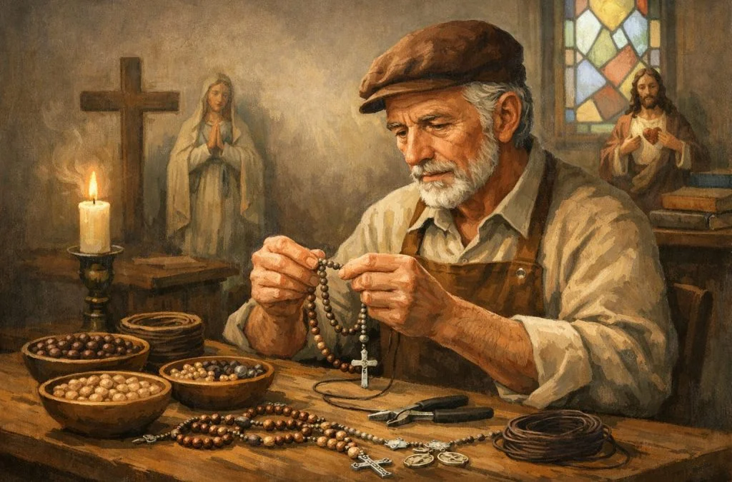 An elderly man meticulously crafts rosaries at a wooden table, illuminated by candlelight, with religious figures in the background.