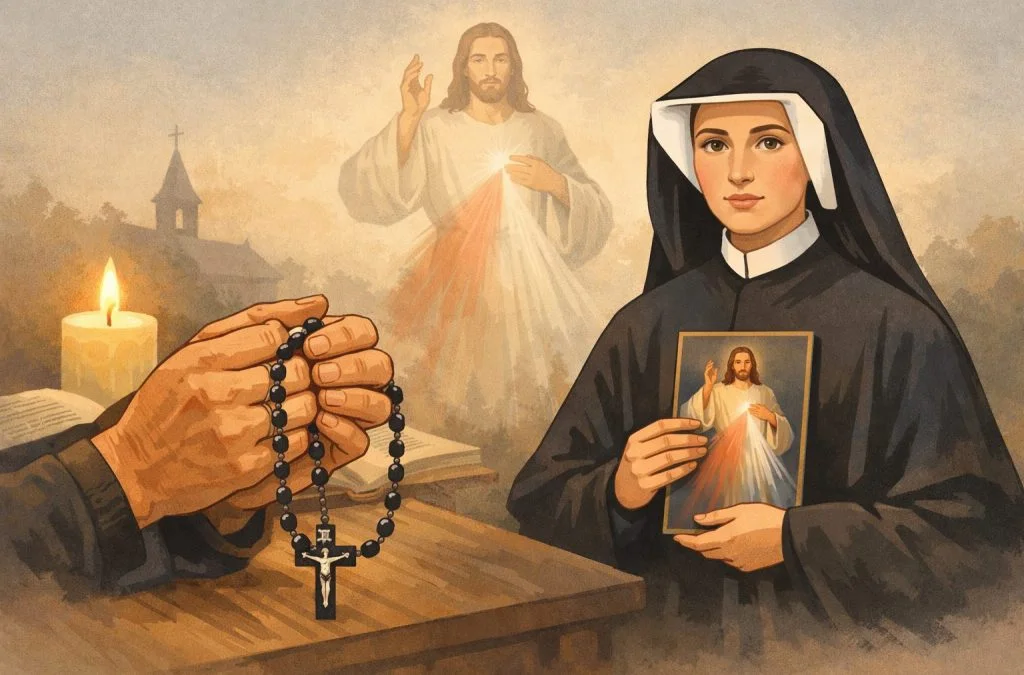 A nun holds an image of Jesus while another pair of hands clutches a rosary, with a candle glowing nearby.