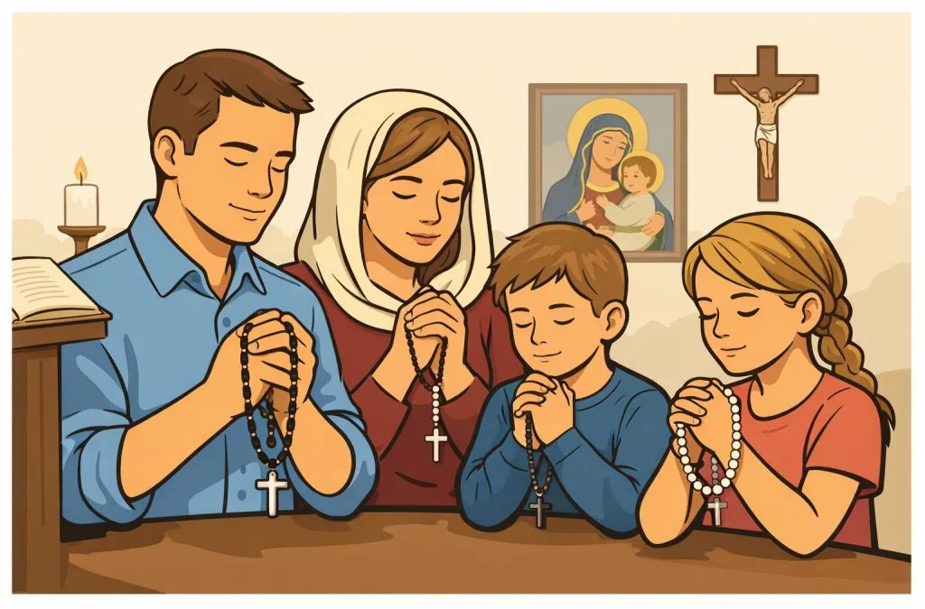 A family of four prays together with rosaries at a table, with religious imagery in the background.
