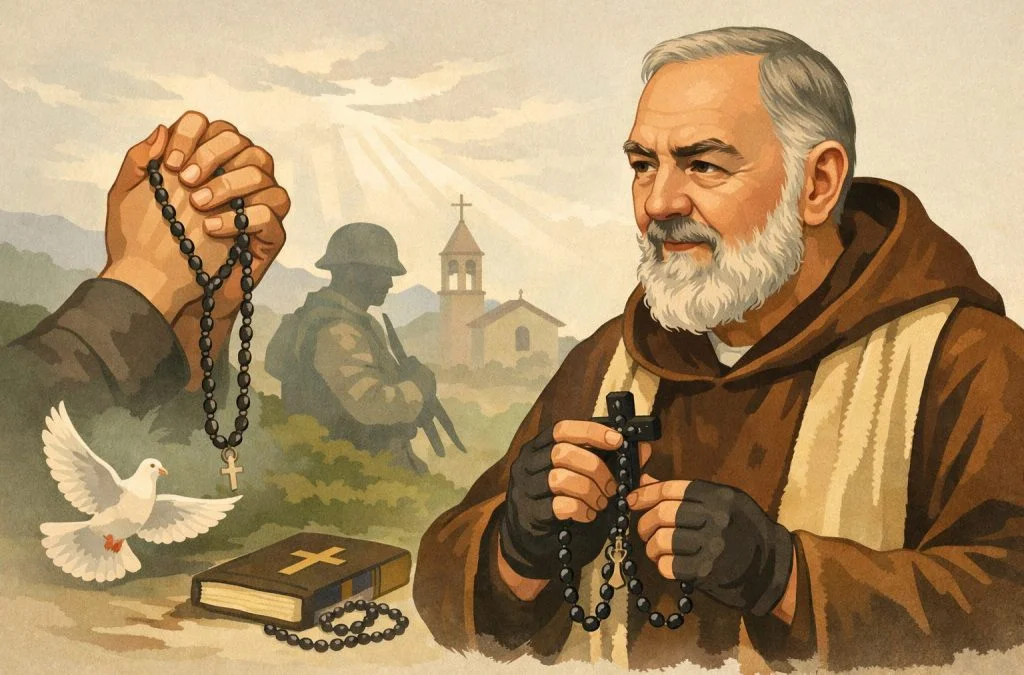 A bearded man in a brown robe holds a rosary, accompanied by a soldier, a dove, and a book with a cross.