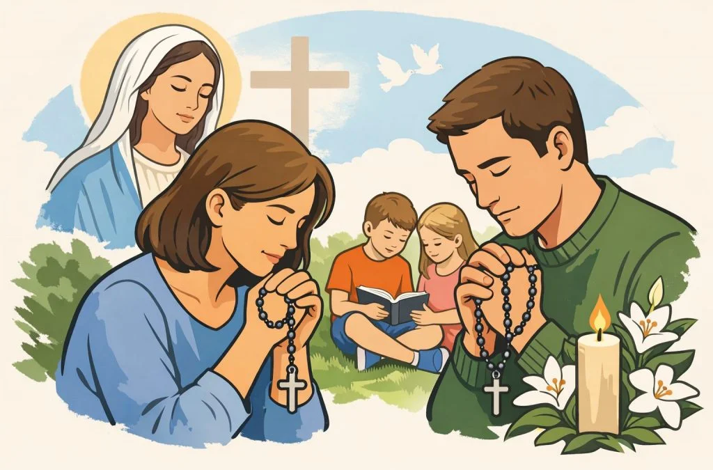 A couple prays with rosaries, joined by children reading, a candle, and an image of Mary in a serene, nature background.
