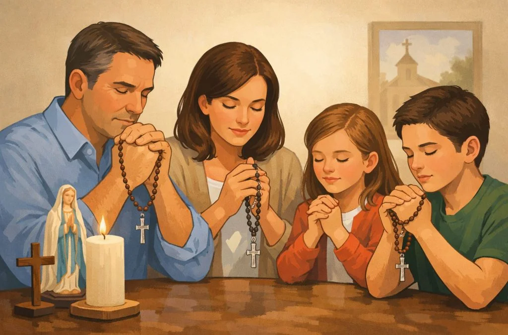 A family of four prays together at a table, holding rosaries, with a candle and religious figurines nearby.
