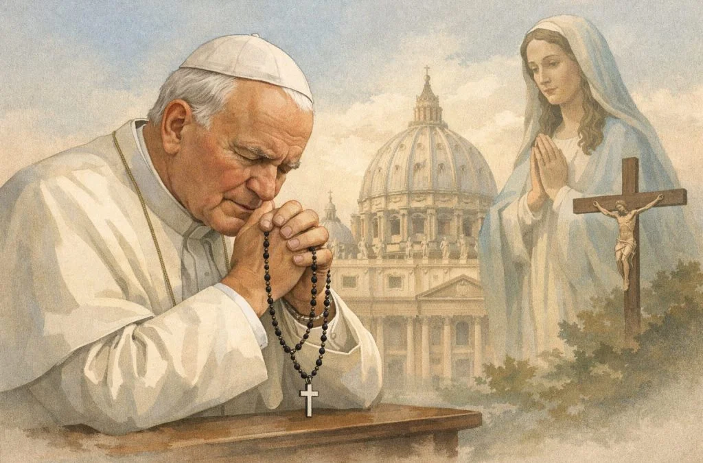 Pope John Paul II prays with rosary beads in front of St. Peter's Basilica and an image of the Virgin Mary.