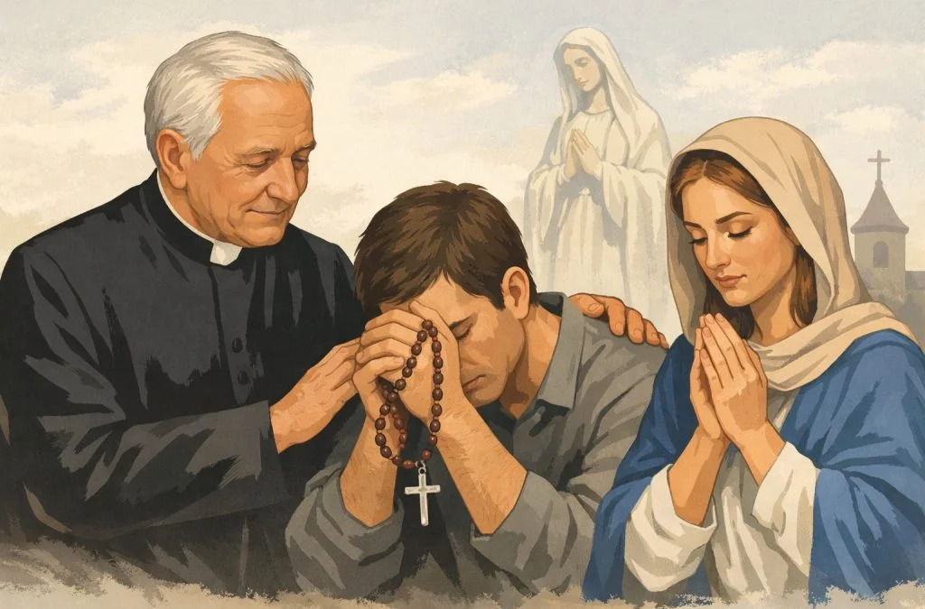 A priest comforts a man in prayer, while a woman in a blue dress prays nearby, with a church and a figure of Mary in the background.