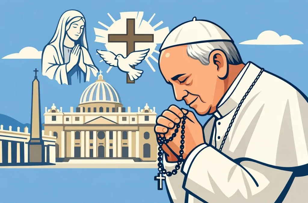 Pope Francis prays with rosary beads, with a depiction of the Virgin Mary, a dove, and St. Peter's Basilica in the background.