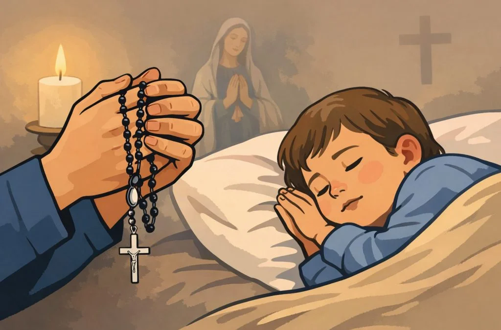 A child sleeps peacefully in bed while a hand holds a rosary, with a candle and a figure of Mary in the background.