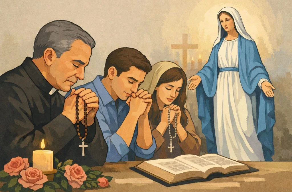 A priest and two individuals pray with rosaries, while a serene depiction of the Virgin Mary stands in the background.