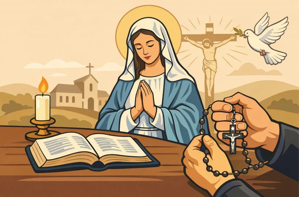 A serene scene featuring a praying woman, a rosary, a lit candle, and a crucifix in a tranquil background.