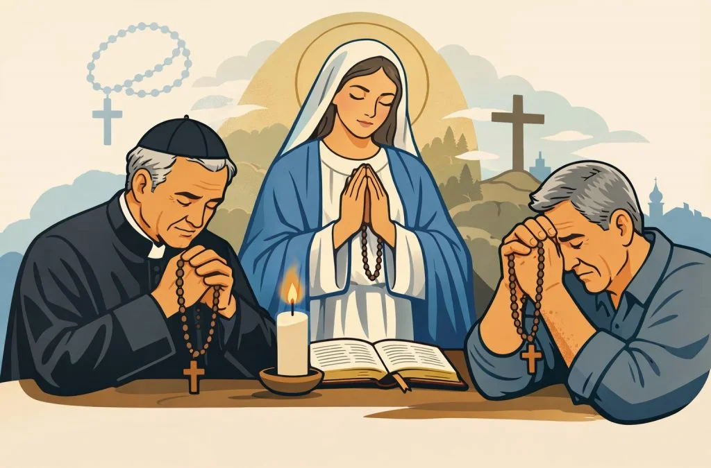 Two men and a woman pray with rosaries, surrounded by religious symbols and serene landscapes.
