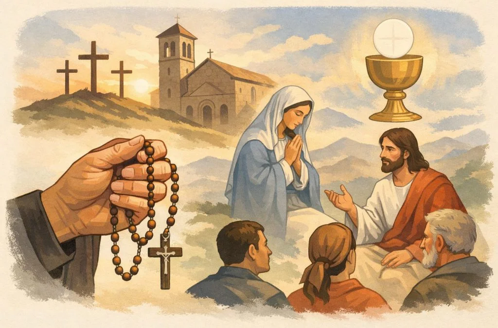 A hand holding rosary beads in front of Mary and Jesus, with a church and crosses in the background.