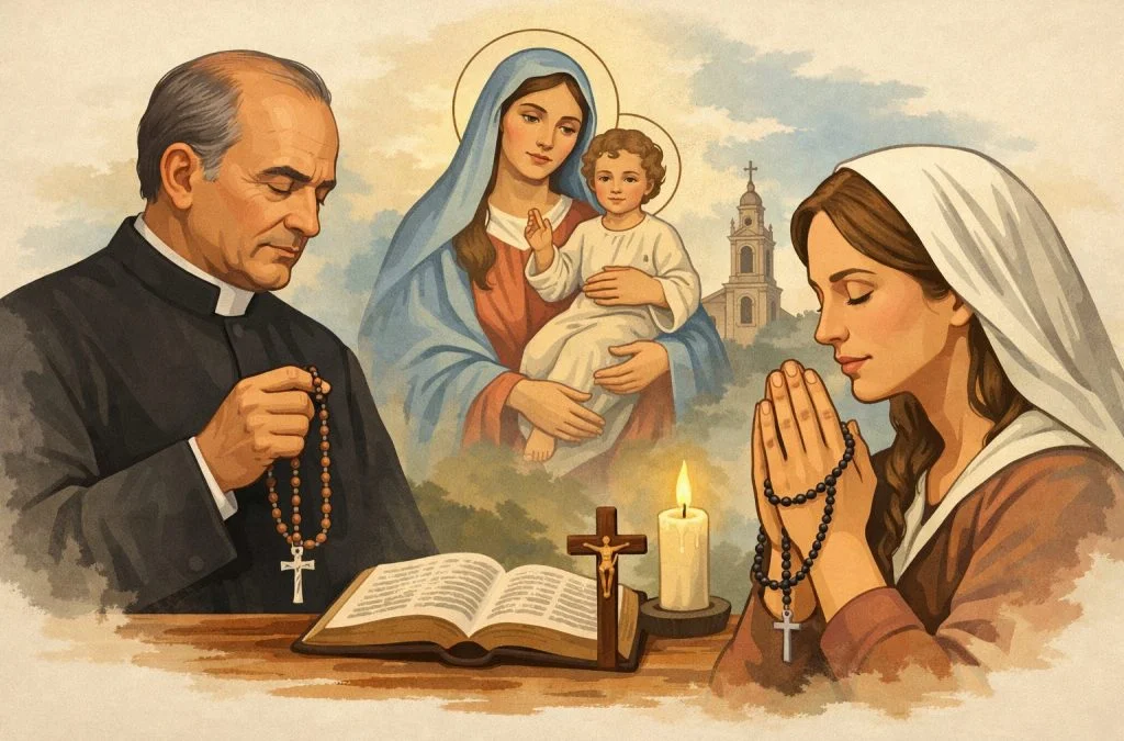 A priest and woman pray with rosaries in front of a candle and an open book, with Mary and Jesus depicted in the background.
