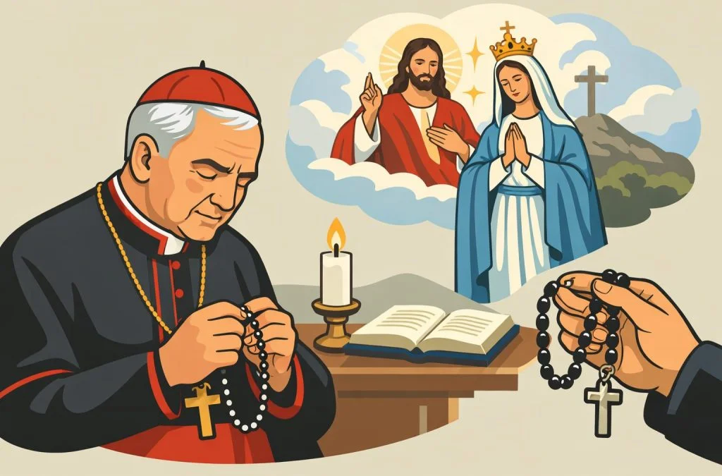 A cardinal prays with rosary beads, while Jesus and Mary appear in a cloud above him, alongside a candle and an open book.