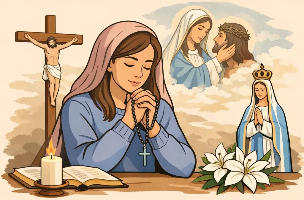 A woman prays with a rosary, surrounded by religious imagery including Jesus, Mary, and a candle with lilies.