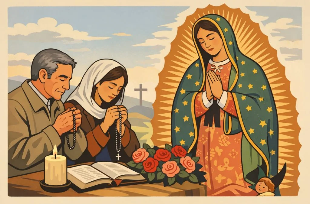 Praying couple with rosaries and a candle, with the Virgin Mary of Guadalupe and roses in the background.