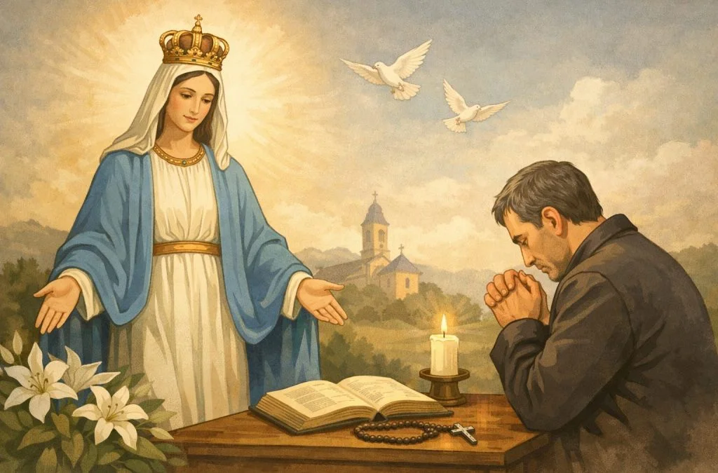 A serene scene features the Virgin Mary extending her hands towards a praying man at a table with candles and lilies.