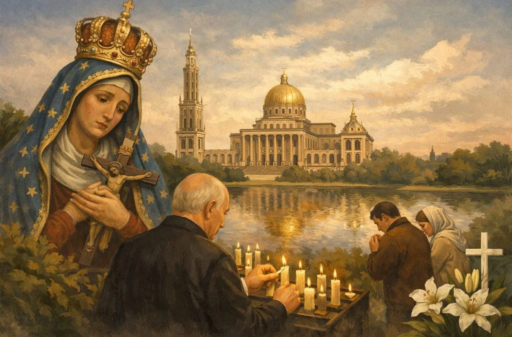 A serene scene depicting worshippers lighting candles near a lake, with the Sanctuary of Our Lady of Licheń in the background.