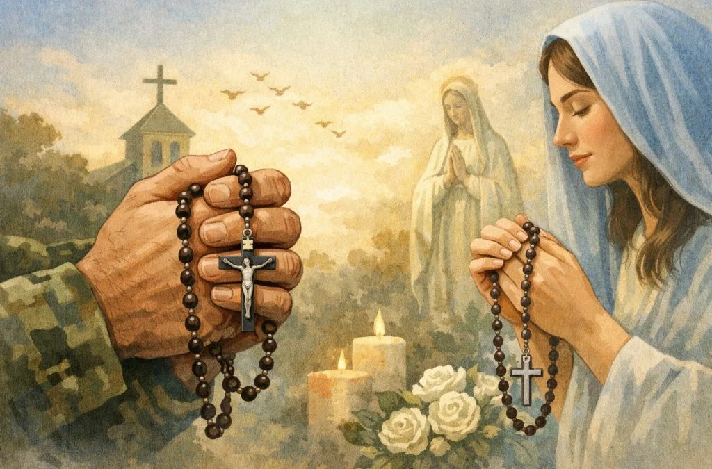 Hands holding rosaries alongside a woman in prayer, with a church and serene landscape in the background.