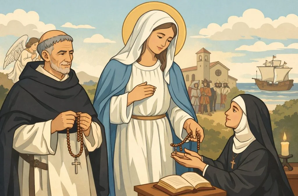 Mary, Saint Dominic, and a nun exchange rosary beads in a serene setting with angels, ships, and a distant village.