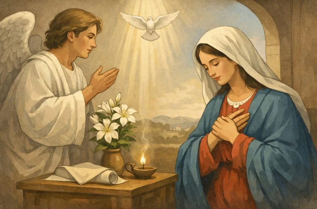 The angel Gabriel speaks to Mary, surrounded by lilies, a light shining from a dove above, conveying a sense of reverence.