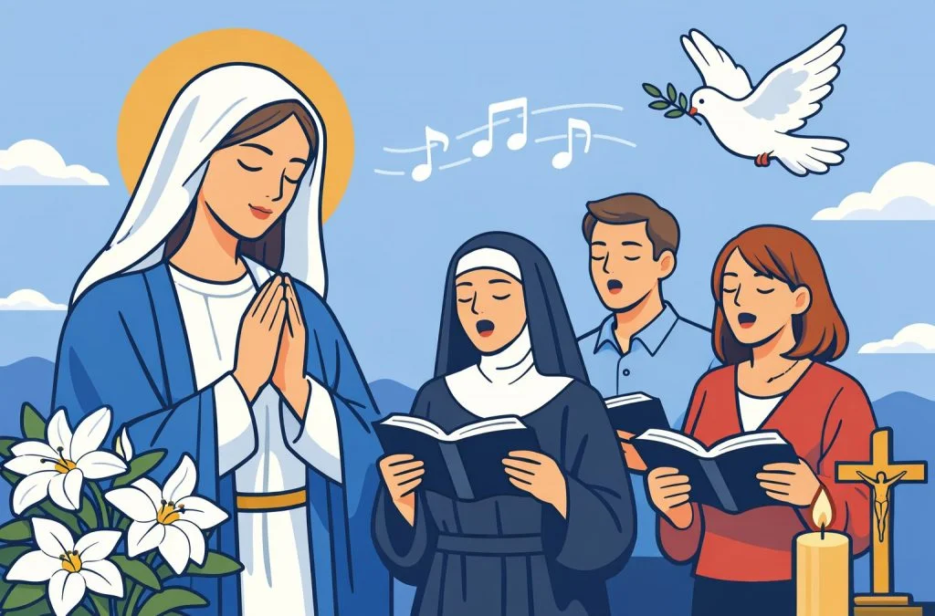 Mary with hands clasped in prayer is surrounded by a nun and two singers, with flowers, a dove, and musical notes.