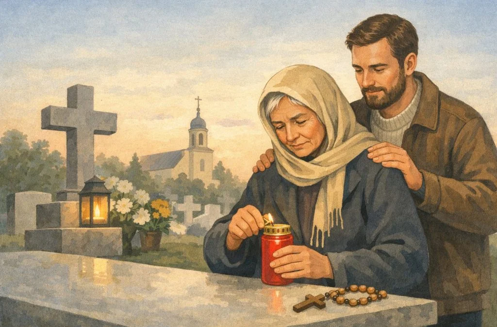 A woman lights a candle at a grave while a man comforts her, set against a tranquil cemetery backdrop.