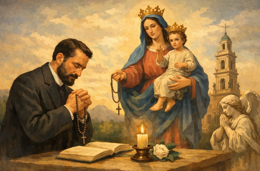 A man prays with rosary beads while the Virgin Mary holds the child Jesus, surrounded by an angel and a candlelit scene.