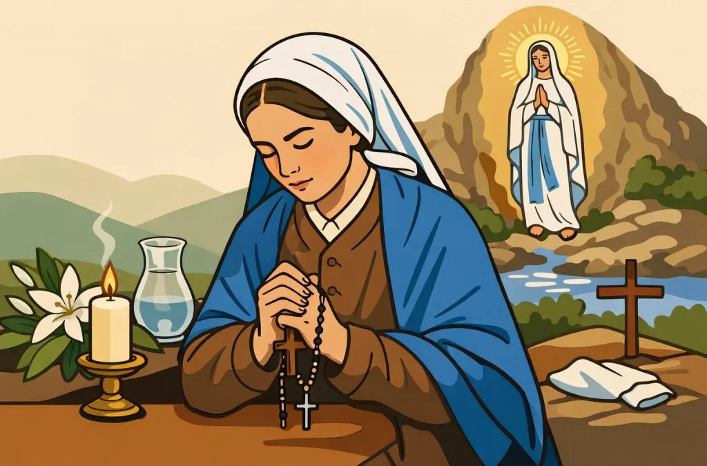 Bernadette Soubirous prays with a rosary, a candle, and a symbol of the Virgin Mary in a serene landscape.