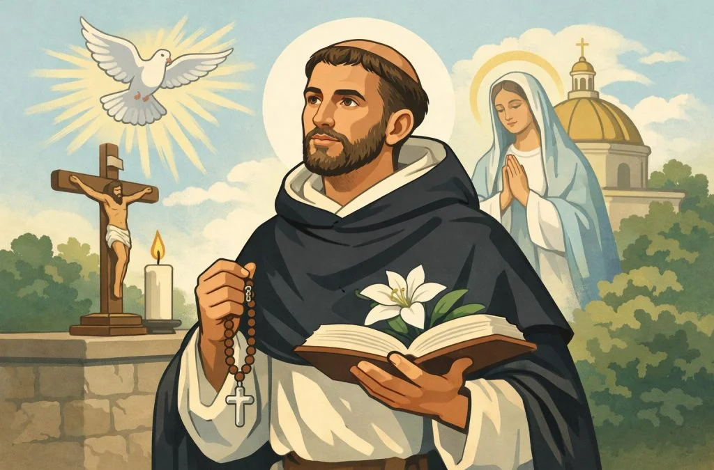 Saint Dominic Guzman holds a rosary and book, with a dove above, crucifix, and Virgin Mary in a serene landscape.