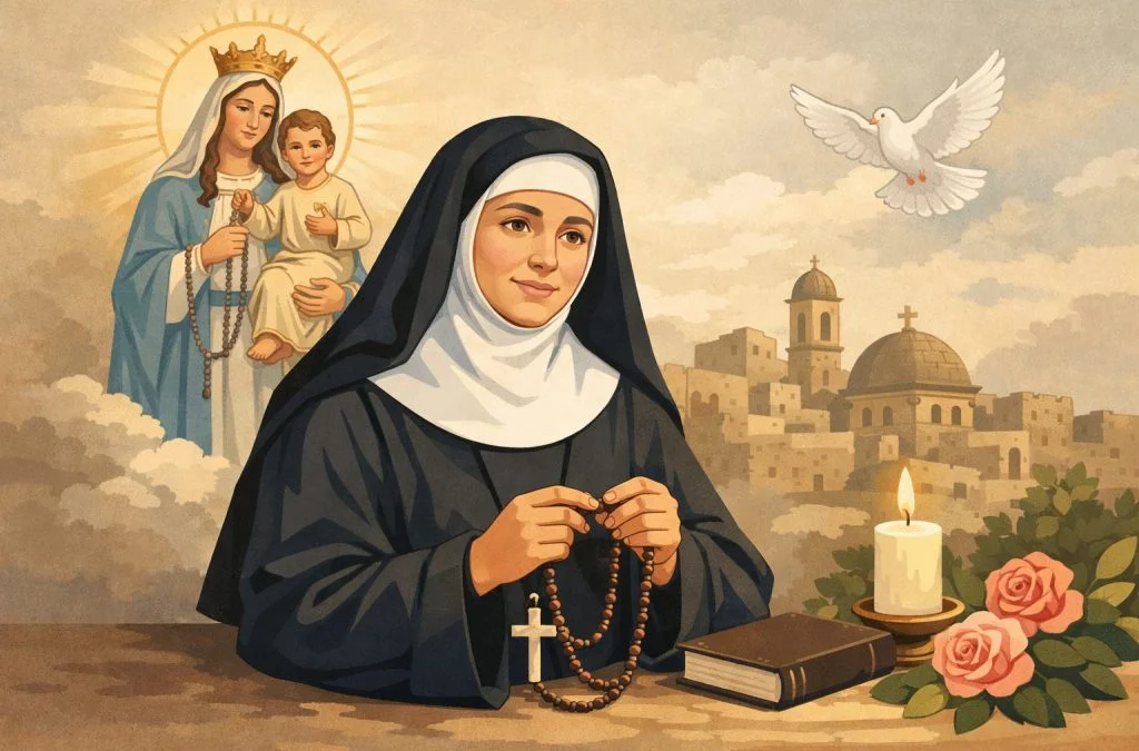 A nun holds a rosary while gazing serenely, surrounded by religious symbols, a candle, and roses.
