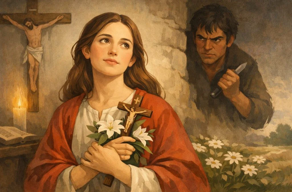 A serene young woman holds flowers and a crucifix, while a menacing figure lurks with a knife in the background.
