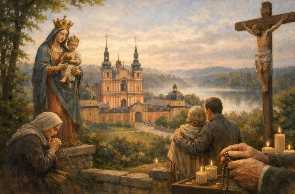 Modlący się ludzie przed sanktuarium z figurą Matki Bożej i krzyżem z ukrzyżowanym Chrystusem