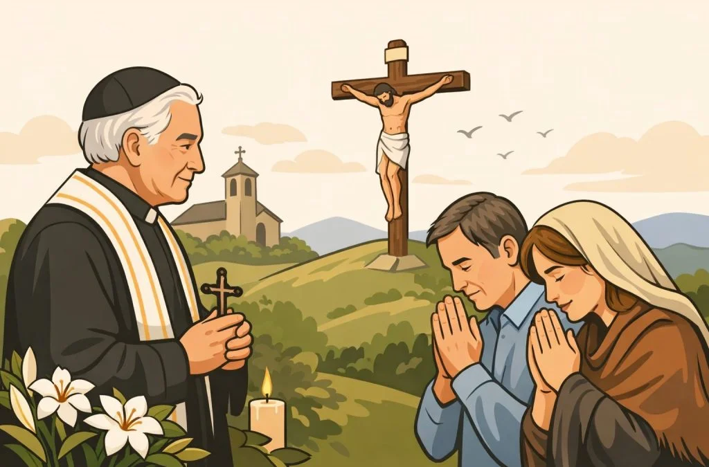 A priest stands with a cross and praying couple in a serene countryside setting, symbolizing faith and devotion.