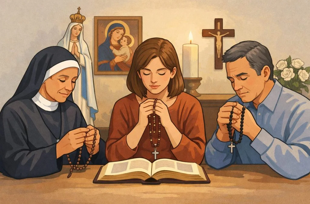 Three individuals, a nun and a couple, pray with rosaries in front of a bible, candles, and religious icons.