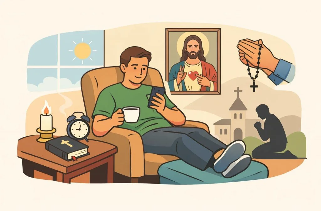A man relaxes in an armchair with a cup and phone, surrounded by spiritual symbols and a painting of Jesus.