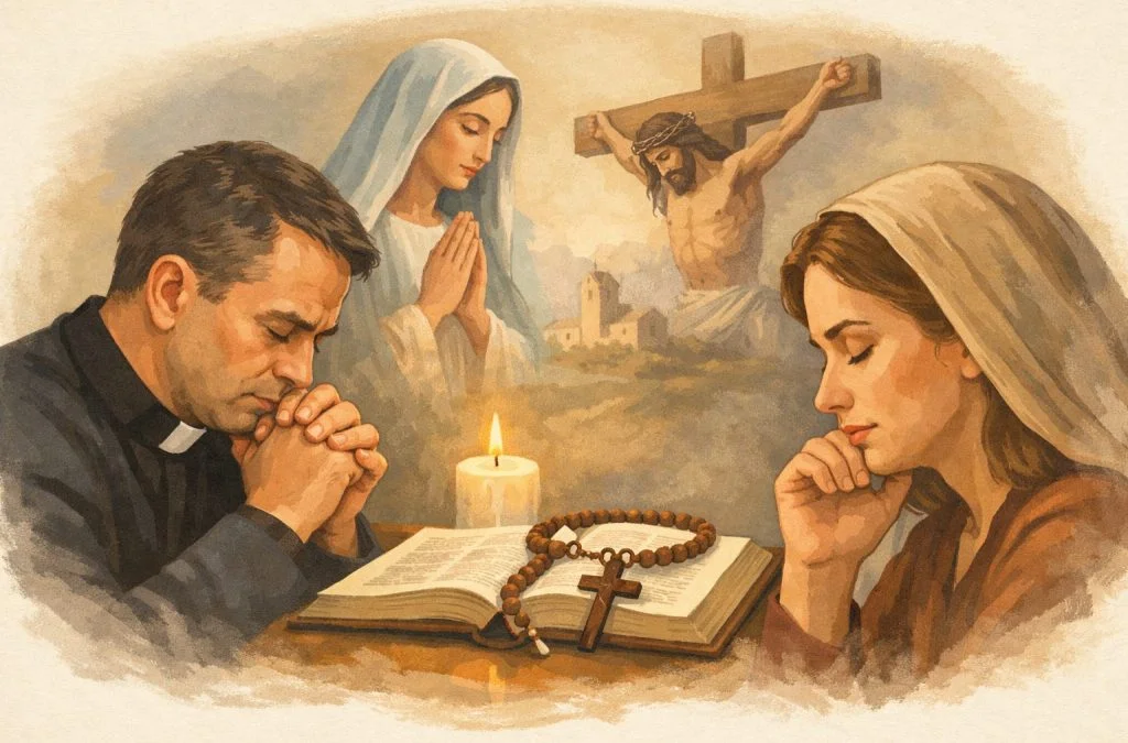 A priest and a woman pray in contemplation, with a candle and a rosary beside an open Bible, while a crucifix looms in the background.