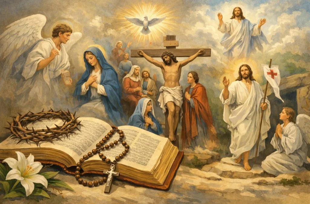 A biblical scene depicting Christ's crucifixion, angels, Mary, and an open Bible with a rosary and flowers.