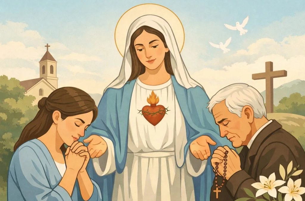 A serene scene featuring a Virgin Mary with a heart, guiding a young woman and an older man in prayer.