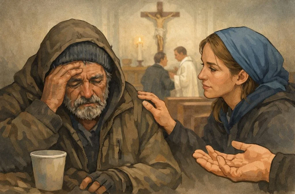A distressed man in a hooded jacket receives comfort from a woman in a church, highlighting themes of compassion and support.