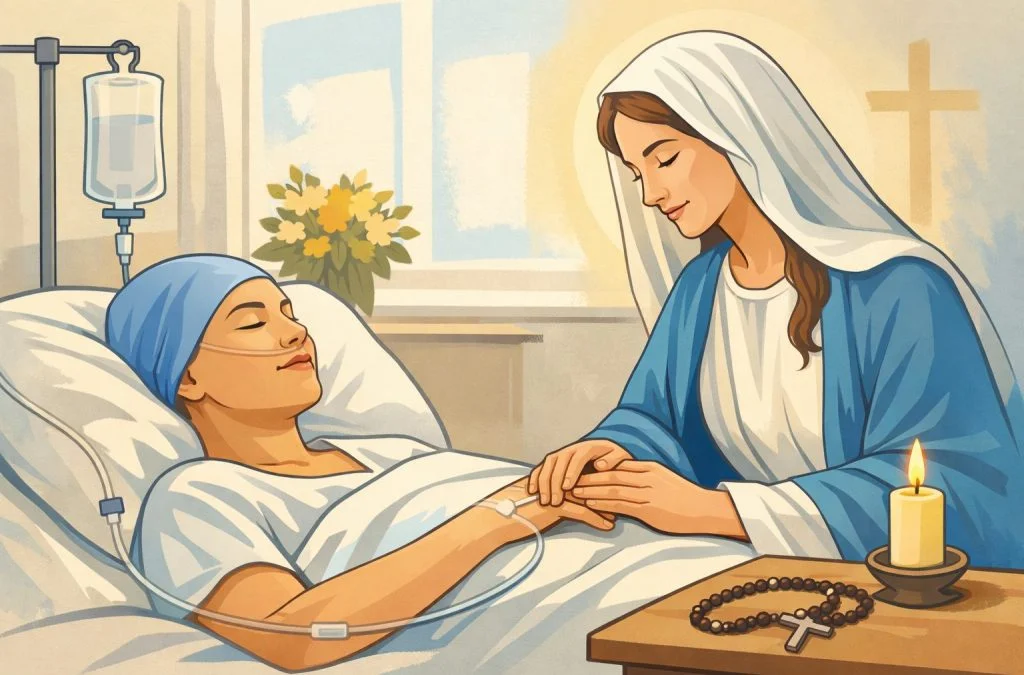 A peaceful scene depicting a young woman in a hospital bed being comforted by a figure symbolizing Mary, with flowers nearby.