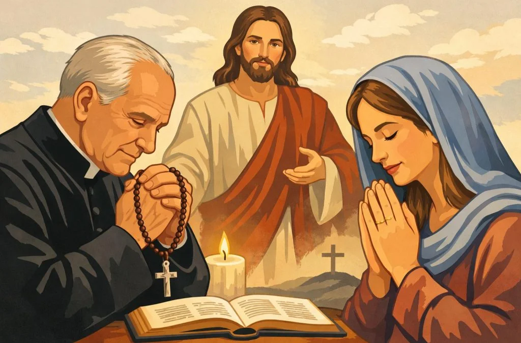 A priest and a woman pray with clasped hands and a rosary, while Jesus appears in the background, symbolizing faith.
