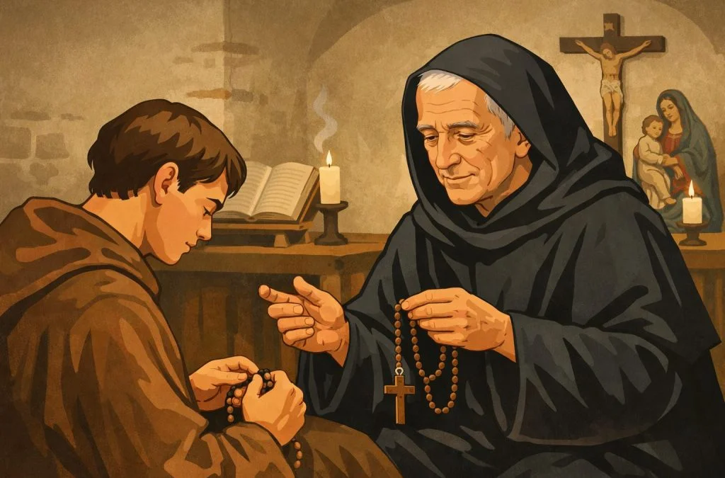 An elderly monk teaches a young man how to pray the rosary in a serene, candlelit chapel setting.