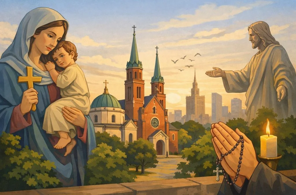 Mary holding the child Jesus, with a church in the background and a figure of Jesus extending his hand in a sunset sky.