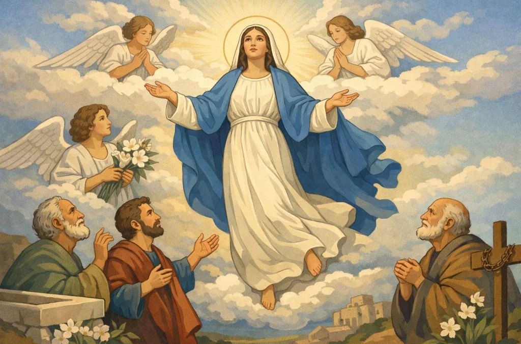 Mary ascends into the sky, surrounded by angels, as witnesses look on with reverence and prayer in a serene landscape.