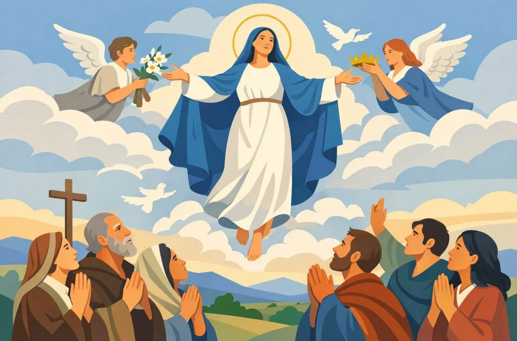 The Virgin Mary ascends to heaven, surrounded by angels and onlookers, set against a serene landscape.