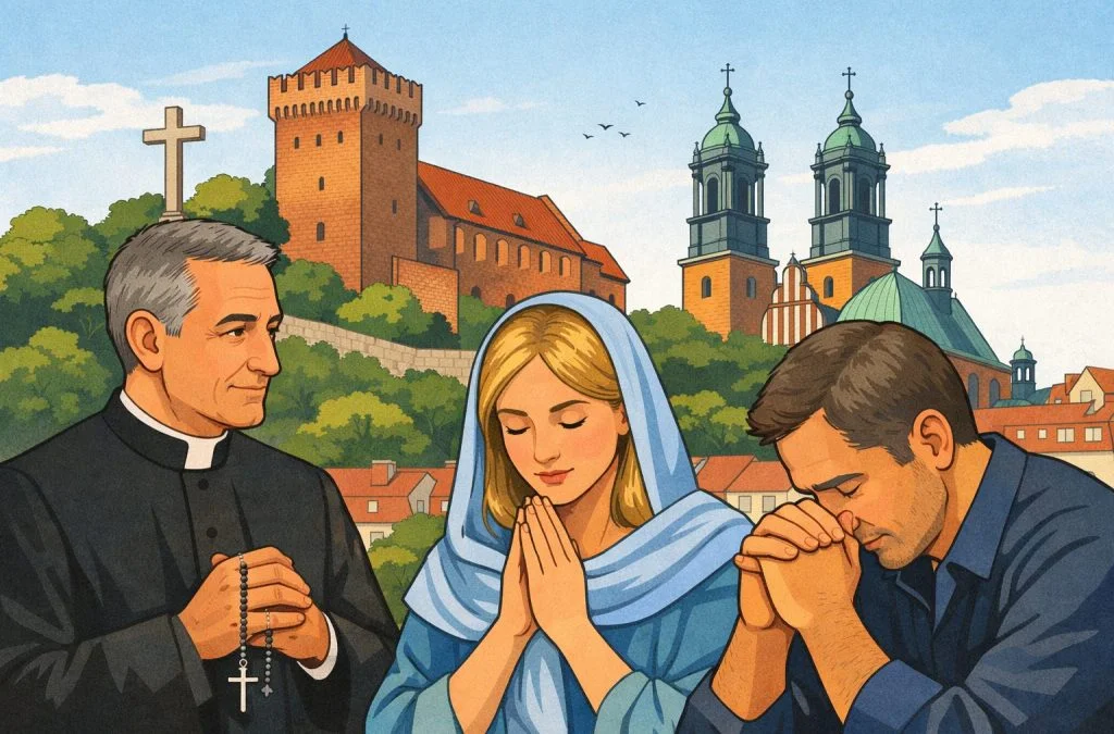 Three figures praying in front of historical buildings, including a church and castle, against a blue sky.